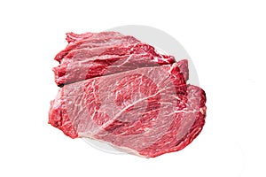 Sliced piece of marble raw beef meat Isolated on white background, top view.