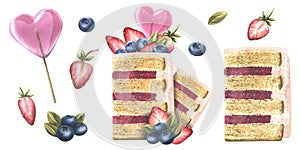 Sliced pieces of biscuit cake are decorated with heart-shaped lollipop, strawberries and blueberries. Watercolor