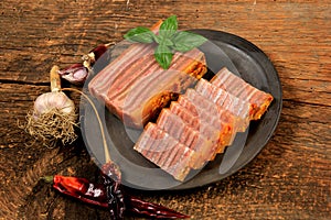 Sliced Pig skin jelly slice plate. pork trotter aspic with spices