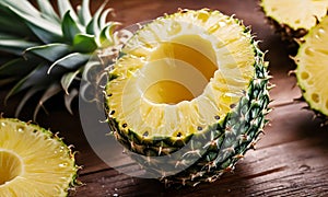 Sliced of Pineapple on wooden table. Sweet,sour and juicy taste