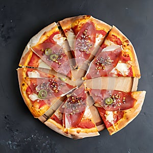 Sliced pizza with prosciutto on a black background.