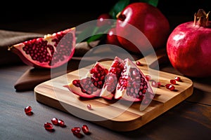 sliced pomegranate fruit on a chopping board