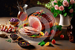 sliced pork easter ham with fruits and herbs on table