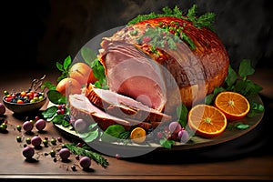 sliced pork easter ham with fruits and herbs on table