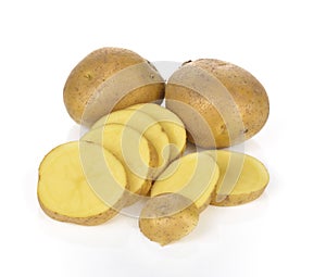 Sliced potatoes on a white background.