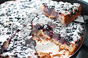 Sliced powdered blackcurrant tart on a round baking tray