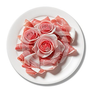 Sliced prosciutto crudo (raw ham) arranged in the shape of roses on white background with clipping path