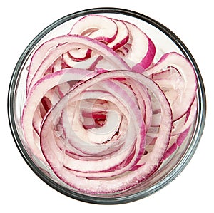 Sliced Purple Onion Rings in Glass Bowl Over White