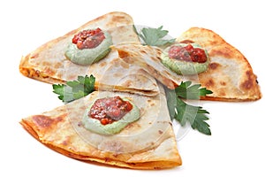 Sliced quesadilla on white background