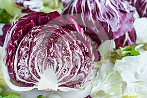 Sliced radicchio on table. Horisontal. Close-up