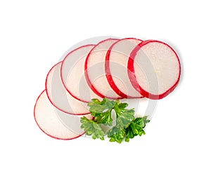 Sliced Radish Roots Isolated, Red Root Round Cuts, Red Radishes Slice Pile, Radis cross sections on White