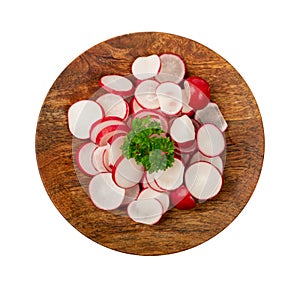 Sliced Radish Roots Isolated, Red Root Round Cuts, Red Radishes Slice Pile, Radis cross sections on White