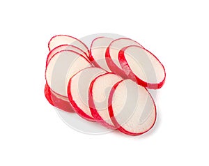 Sliced Radish Roots Isolated, Red Root Round Cuts, Red Radishes Slice Pile, Radis Cross Sections on White