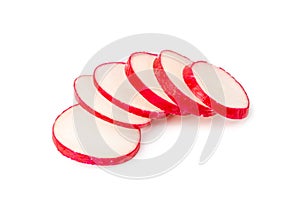 Sliced Radish Roots Isolated, Red Root Round Cuts, Red Radishes Slice Pile, Radis Cross Sections on White