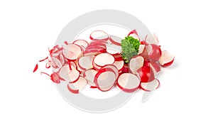 Sliced Radish Roots Isolated, Red Root Round Cuts, Red Radishes Slice Pile, Radis Cross Sections on White