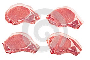 Sliced raw pork meat isolated on white background. Set or collection. Top view. Flat lay