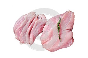 Sliced Raw turkey breast fillet meat on a cutting board with butcher knife. Isolated, white background.