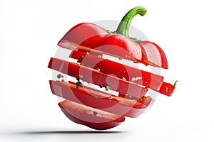 A sliced red bell pepper with stem isolated on a white surface