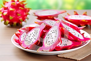 Sliced red dragon fruit or pitaya on a plate ready to eat