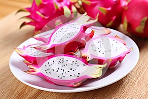 Sliced red dragon fruit or pitaya on a plate ready to eat