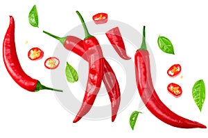 sliced red hot chili peppers isolated on white background top view