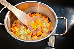 Sliced red kuri squash or Hokkaido pumpkin in a stainless steel pot on a black induction stove, cooking a vegetable recipe for