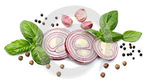 sliced red onion, basil leaf and spices isolated on white background. top view
