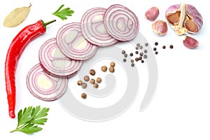 sliced red onion, red hot chili pepper and spices isolated on white background. top view