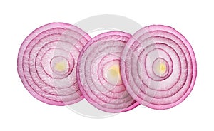 Sliced red onion rings  isolated on white background top view