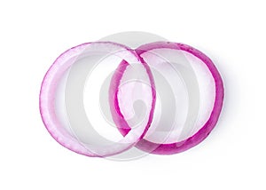 Sliced red onion rings  on white background . top view