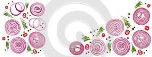 Sliced red onion with rosemary and peppercorns isolated on white background with copy space for your text. Top view