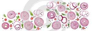 Sliced red onion with rosemary and peppercorns isolated on white background with copy space for your text. Top view
