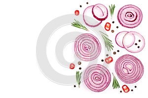 Sliced red onion with rosemary and peppercorns isolated on white background with copy space for your text. Top view