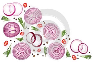 Sliced red onion with rosemary and peppercorns isolated on white background with copy space for your text. Top view