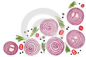 Sliced red onion with rosemary and peppercorns isolated on white background with copy space for your text. Top view