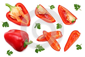 sliced red sweet bell pepper isolated on white background. top view