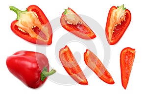 sliced red sweet bell pepper isolated on white background. top view