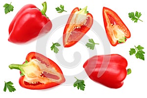 Sliced red sweet bell pepper on white background. top view