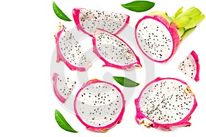 Sliced Ripe Dragon fruit with green leaves isolated on white background. Pitaya or Pitahaya Top view