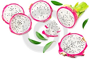 Sliced Ripe Dragon fruit isolated on white background. Pitaya or Pitahaya. Top View