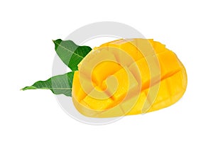 sliced ripe mango with leaf isolated on white