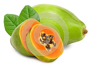 Sliced ripe papaya fruit with green leaves isolated on white background. exotic fruit. clipping path