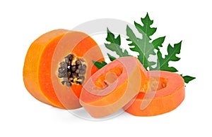 sliced ripe papaya fruit with leaf isolated on white