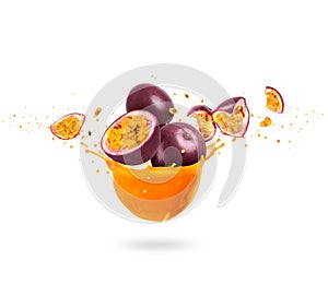 Sliced ripe passion fruits Passiflora with splashes of fresh juice, isolated on a white background