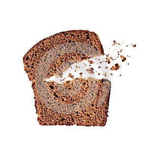 Sliced rye bread with crumbs close up on a white background