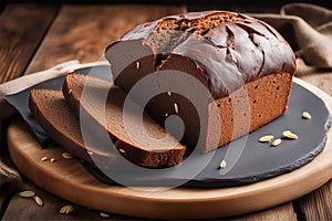 Loaf of whole grain bread with seeds on a cutting board. Sliced rye bread on a wooden table