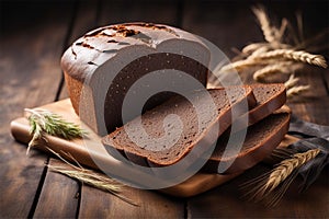 Loaf of whole grain bread with seeds on a cutting board. Sliced rye bread on a wooden table