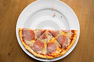 Sliced salami pizza on a white plate