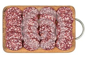 Sliced salami sausage on a cutting board. Isolated on white back