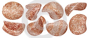 Sliced salami sausage isolated on white background